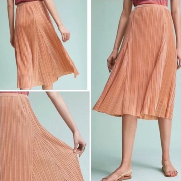Relaxed Metallic Pleated Midi Skirt Sz S US Maeve Anthropologie Ambra Rose Gold - Picture 4 of 12
